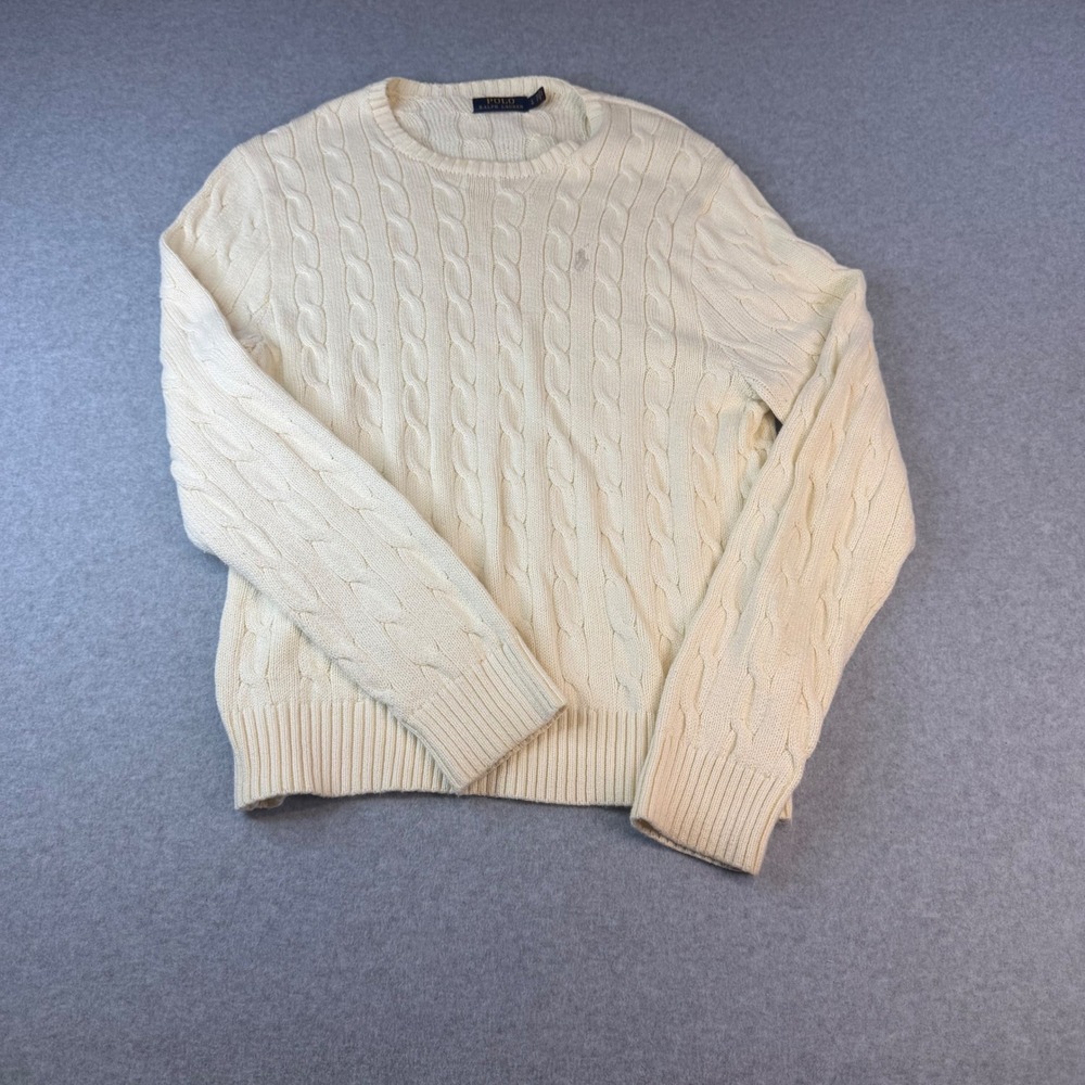 Polo Ralph Lauren Mens Large Cream Cable Knit Cotton Crewneck Sweater Off White